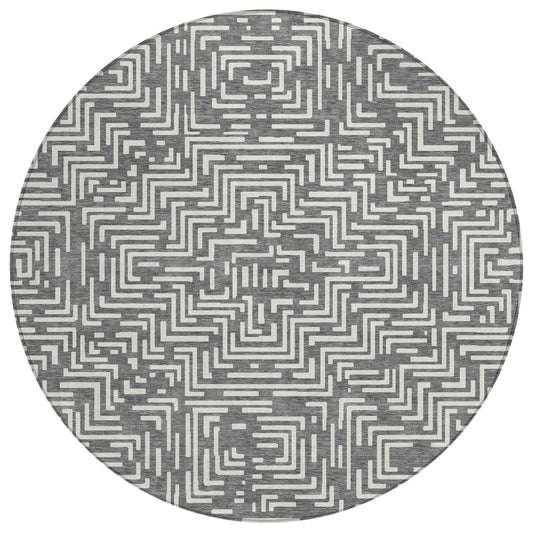 8' Gray And Brown Round Geometric Washable Indoor Outdoor Area Rug