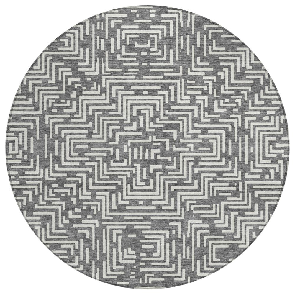8' Gray And Brown Round Geometric Washable Indoor Outdoor Area Rug