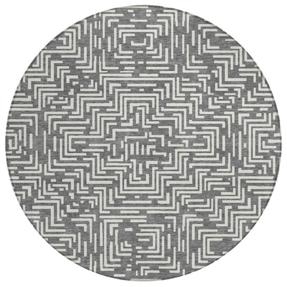 8' Gray And Brown Round Geometric Washable Indoor Outdoor Area Rug