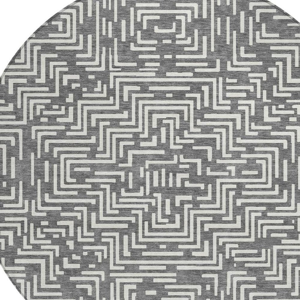 8' Gray And Brown Round Geometric Washable Indoor Outdoor Area Rug