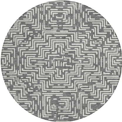 8' Gray And Brown Round Geometric Washable Indoor Outdoor Area Rug