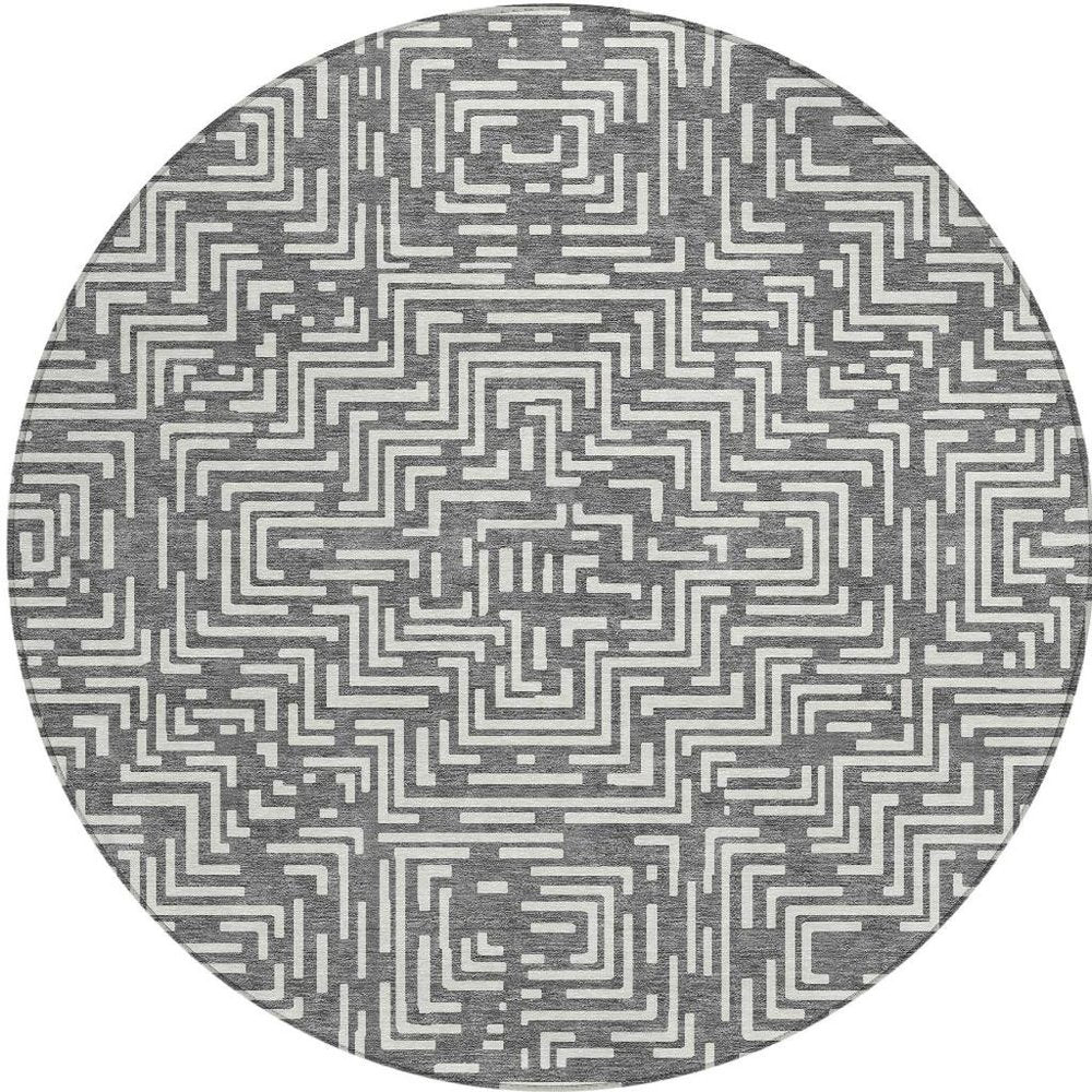 8' Gray And Brown Round Geometric Washable Indoor Outdoor Area Rug HomeRoots