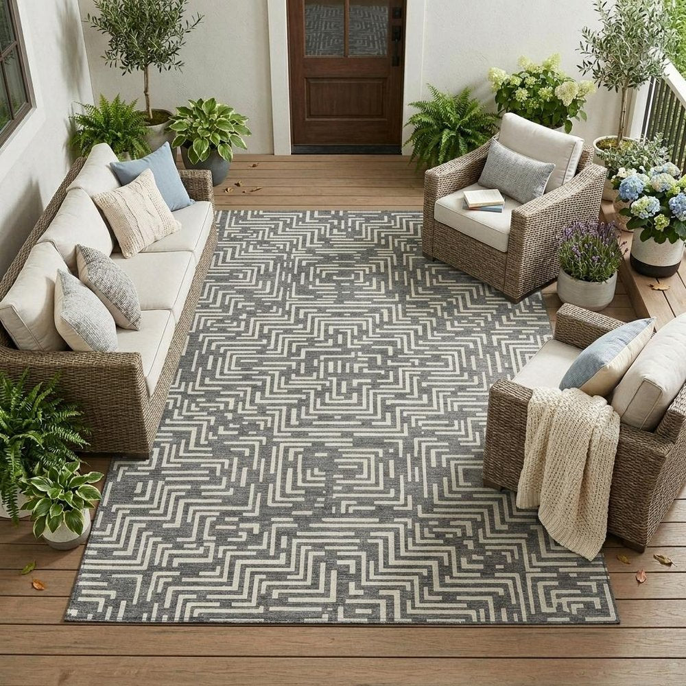 10' X 14' Gray And Brown Geometric Washable Indoor Outdoor Area Rug — view 7