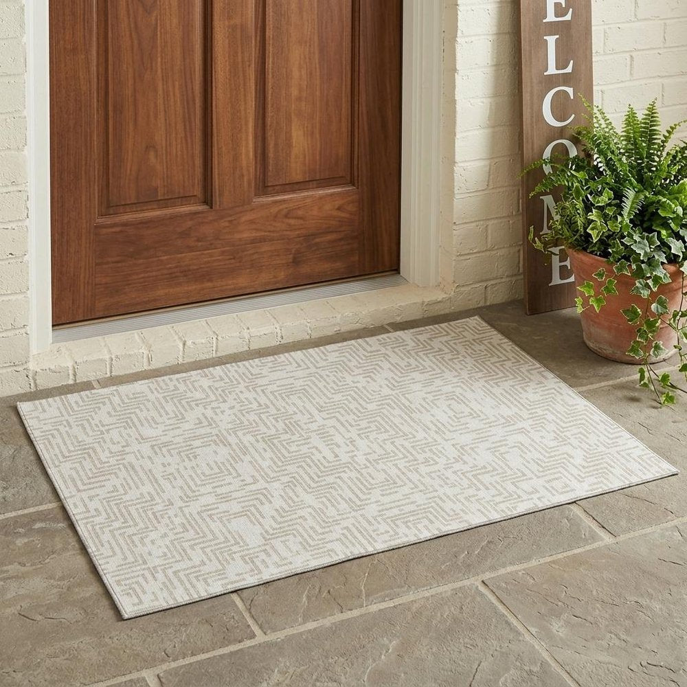 3' X 5' Ivory And Sky Blue Geometric Washable Indoor Outdoor Area Rug HomeRoots