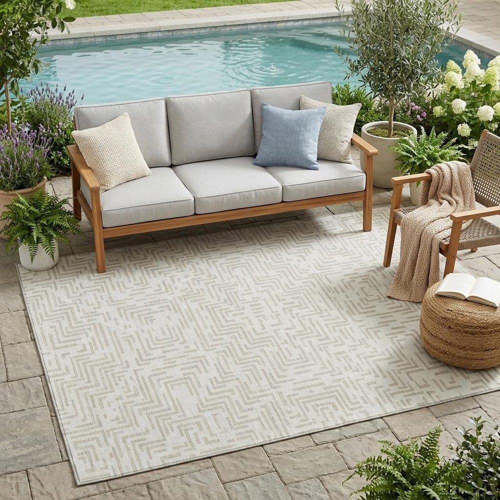 5' X 8' Ivory And Sky Blue Geometric Washable Indoor Outdoor Area Rug — view 7