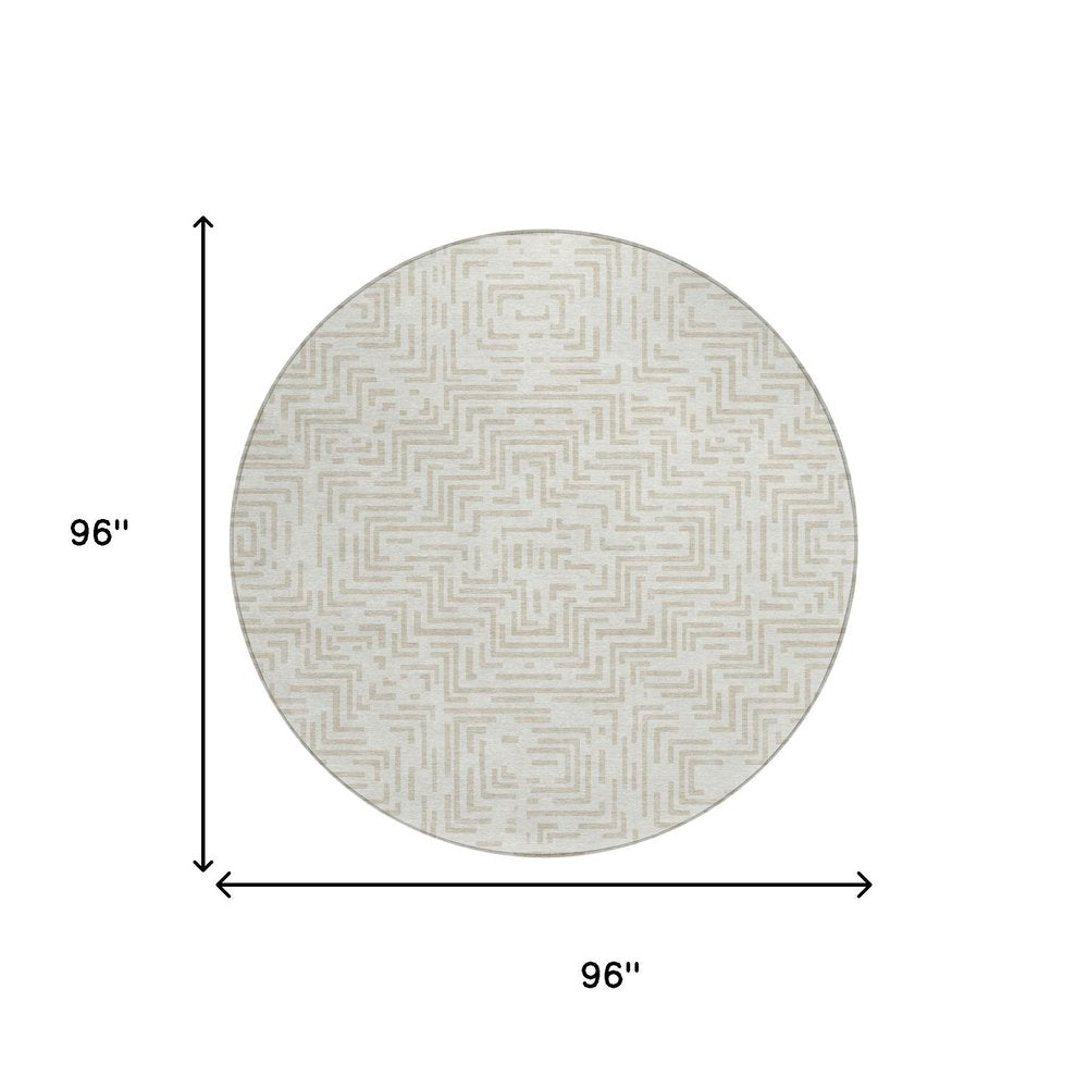 8' Ivory And Sky Blue Round Geometric Washable Indoor Outdoor Area Rug HomeRoots