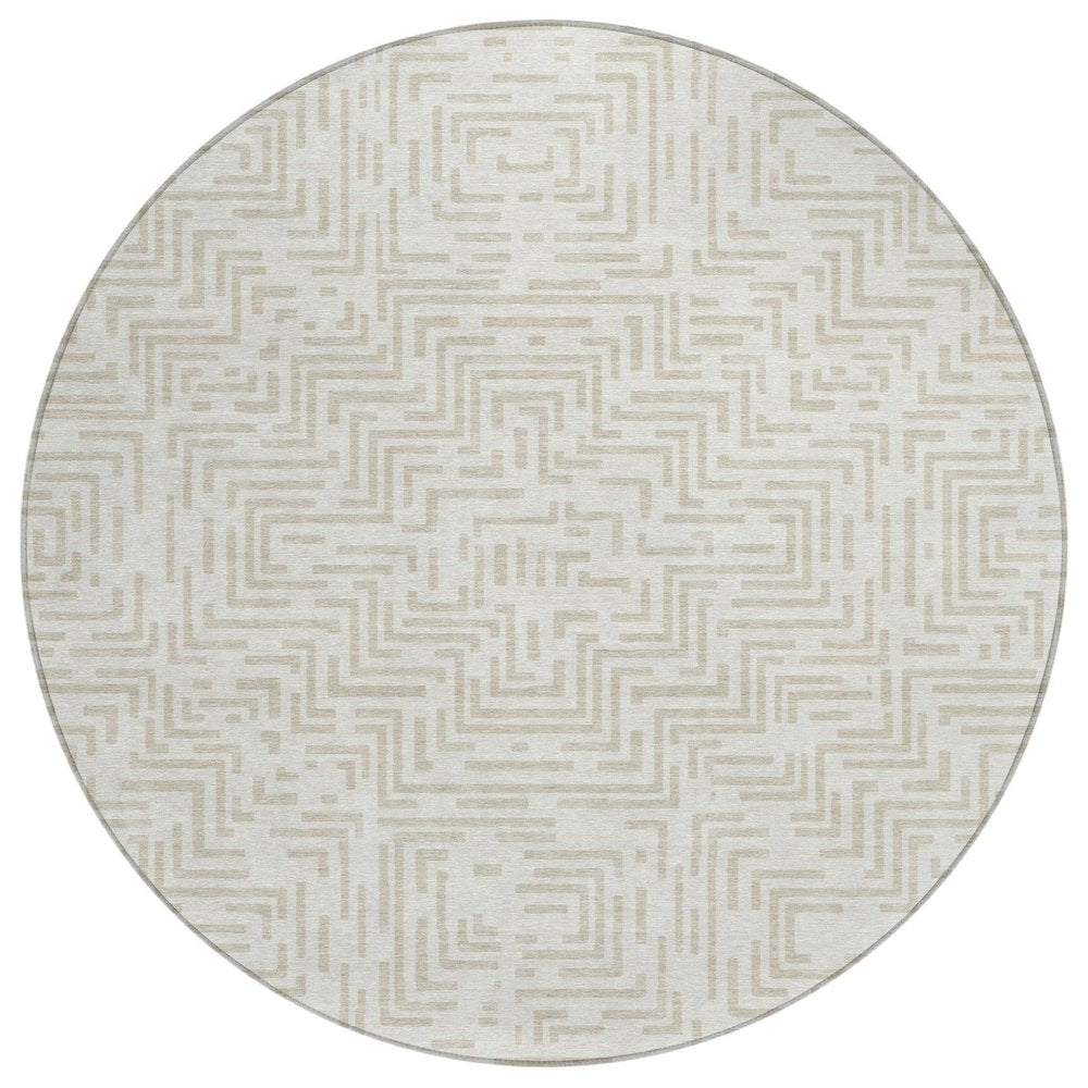 8' Ivory And Sky Blue Round Geometric Washable Indoor Outdoor Area Rug HomeRoots