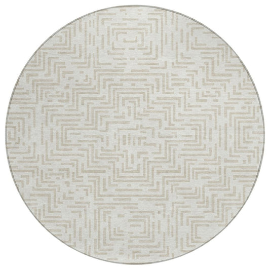 8' Ivory And Sky Blue Round Geometric Washable Indoor Outdoor Area Rug