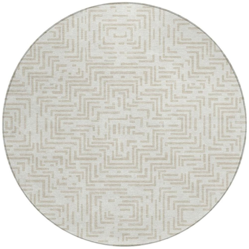 8' Ivory And Sky Blue Round Geometric Washable Indoor Outdoor Area Rug HomeRoots