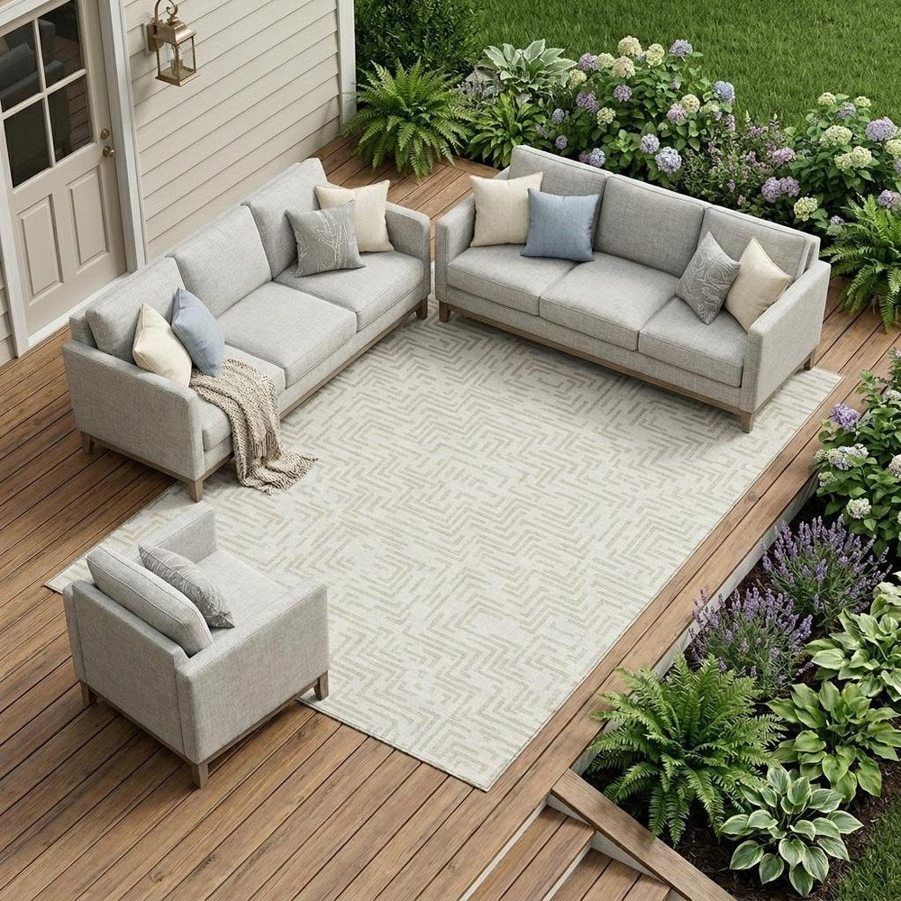8' X 10' Ivory And Sky Blue Geometric Washable Indoor Outdoor Area Rug