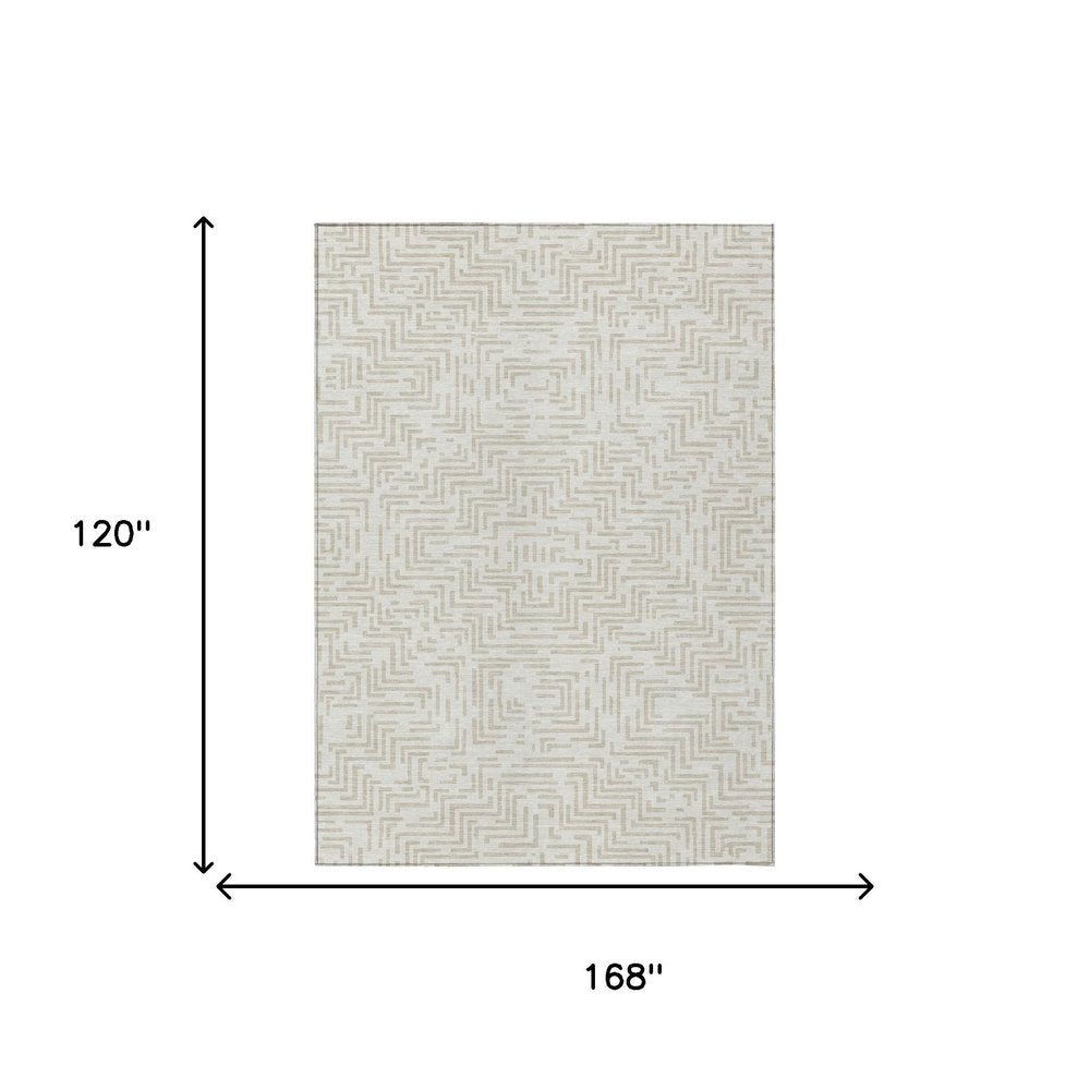 10' X 14' Ivory And Sky Blue Geometric Washable Indoor Outdoor Area Rug