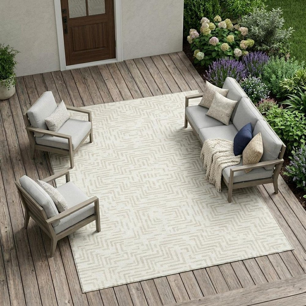 10' X 14' Ivory And Sky Blue Geometric Washable Indoor Outdoor Area Rug