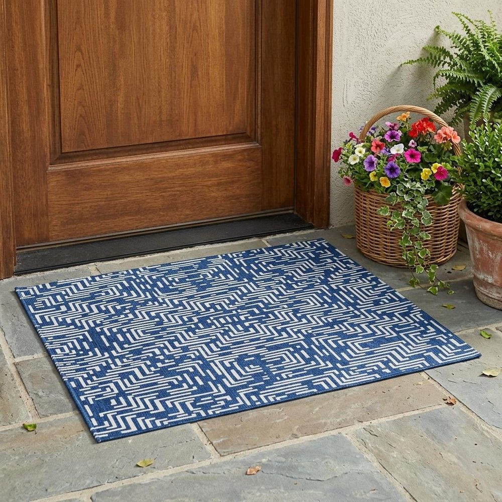 3' X 5' Navy Blue And Beige Geometric Washable Indoor Outdoor Area Rug HomeRoots
