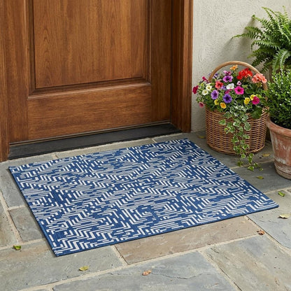 3' X 5' Navy Blue And Beige Geometric Washable Indoor Outdoor Area Rug HomeRoots