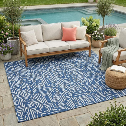 5' X 8' Navy Blue And Beige Geometric Washable Indoor Outdoor Area Rug HomeRoots