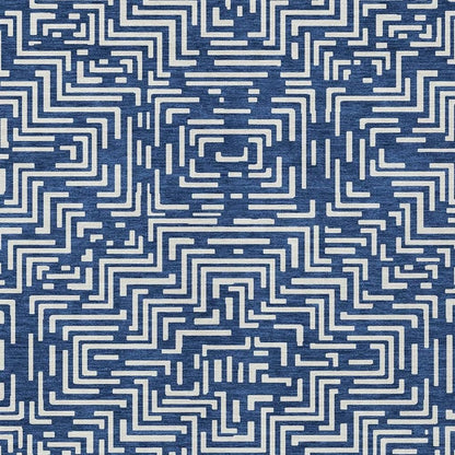 8' X 10' Navy Blue And Beige Geometric Washable Indoor Outdoor Area Rug