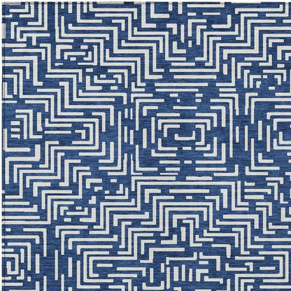8' X 10' Navy Blue And Beige Geometric Washable Indoor Outdoor Area Rug