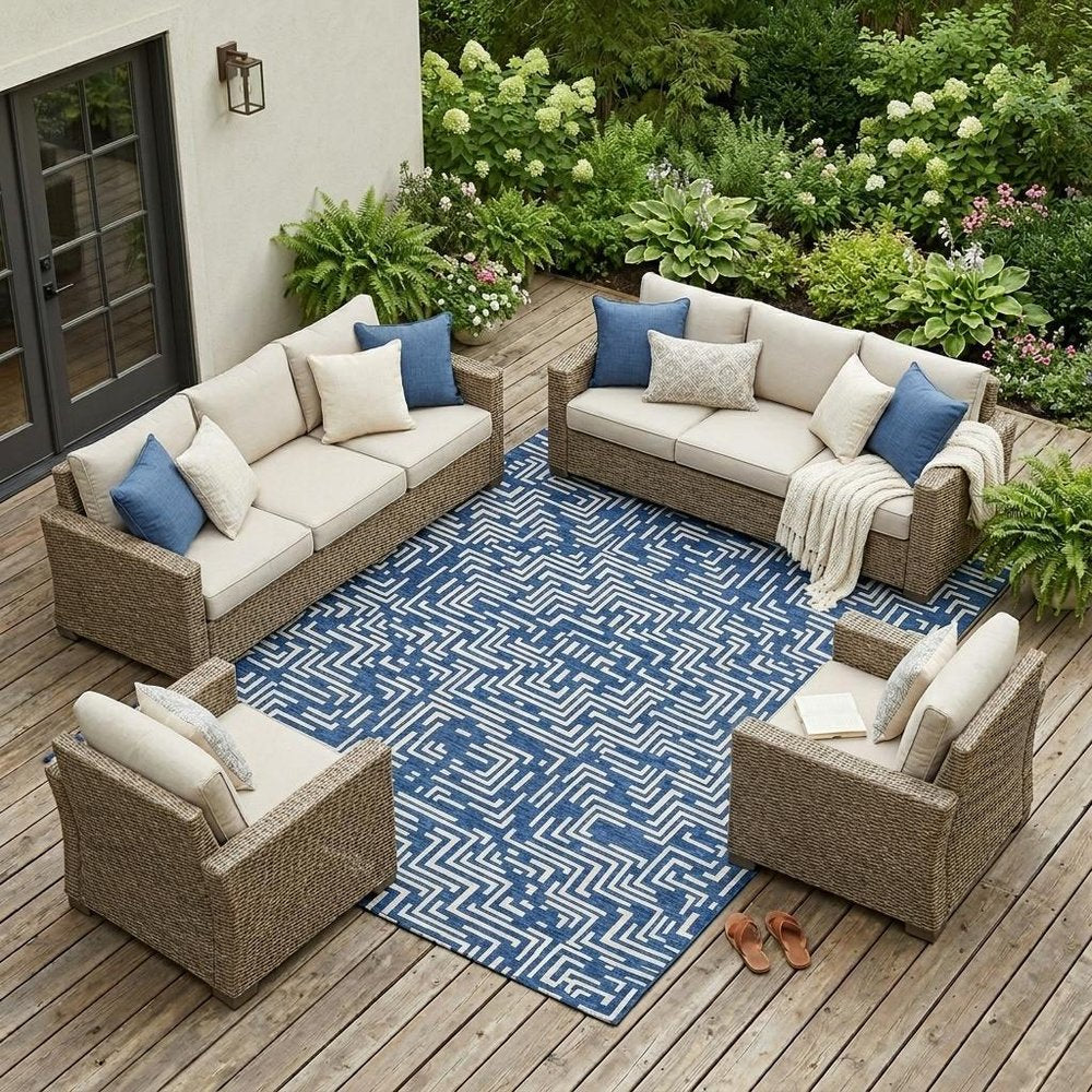 8' X 10' Navy Blue And Beige Geometric Washable Indoor Outdoor Area Rug — view 7