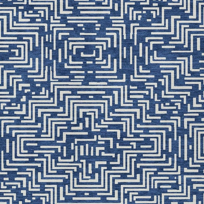 9' X 12' Navy Blue And Beige Geometric Washable Indoor Outdoor Area Rug