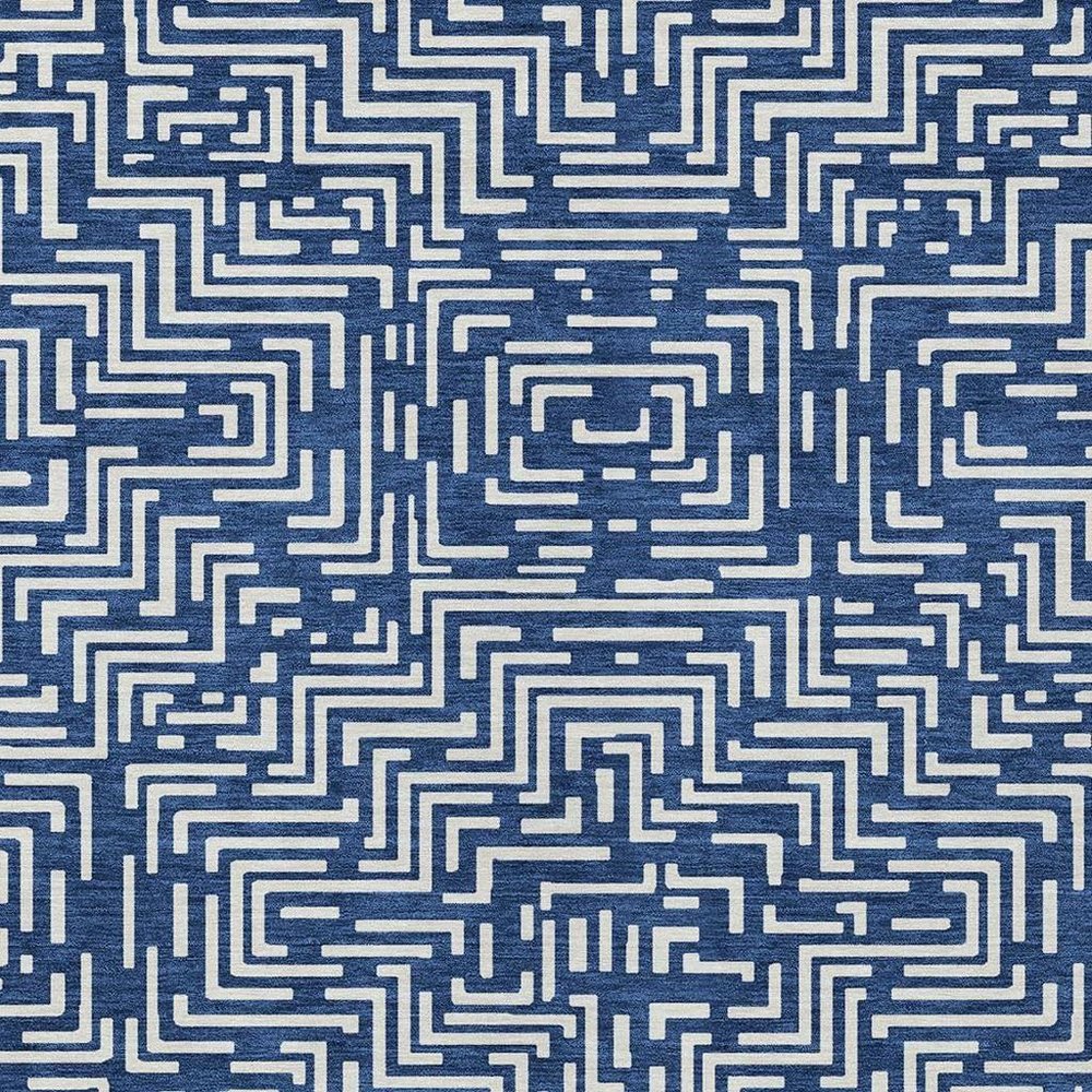 9' X 12' Navy Blue And Beige Geometric Washable Indoor Outdoor Area Rug