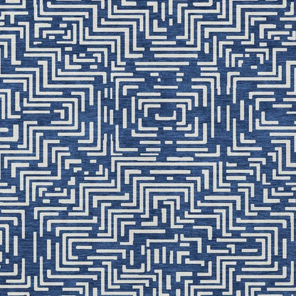 9' X 12' Navy Blue And Beige Geometric Washable Indoor Outdoor Area Rug