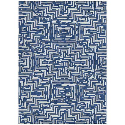 9' X 12' Navy Blue And Beige Geometric Washable Indoor Outdoor Area Rug