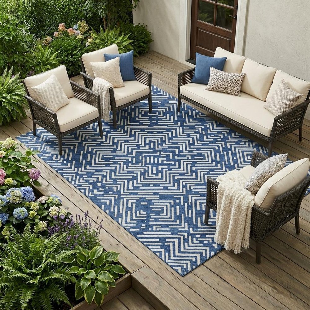 9' X 12' Navy Blue And Beige Geometric Washable Indoor Outdoor Area Rug HomeRoots