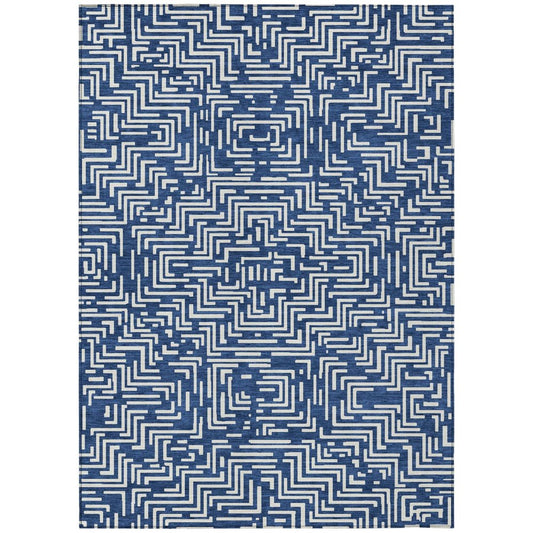 10' X 14' Navy Blue And Beige Geometric Washable Indoor Outdoor Area Rug