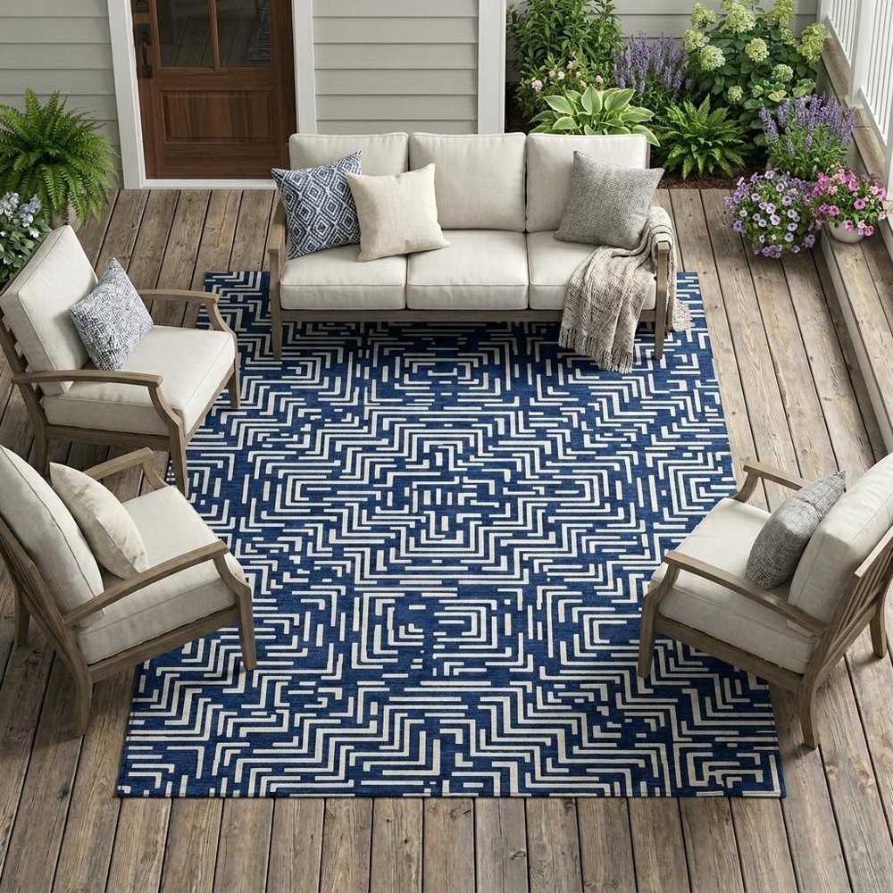 10' X 14' Navy Blue And Beige Geometric Washable Indoor Outdoor Area Rug HomeRoots