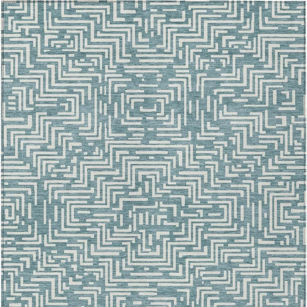 3' X 5' Teal Blue And Ivory Geometric Washable Indoor Outdoor Area Rug HomeRoots