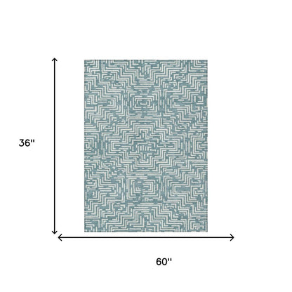 3' X 5' Teal Blue And Ivory Geometric Washable Indoor Outdoor Area Rug HomeRoots