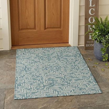 3' X 5' Teal Blue And Ivory Geometric Washable Indoor Outdoor Area Rug HomeRoots