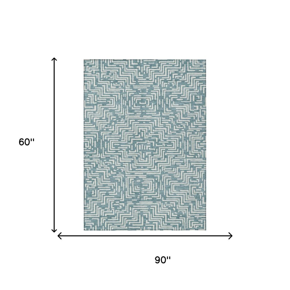 5' X 8' Teal Blue And Ivory Geometric Washable Indoor Outdoor Area Rug HomeRoots
