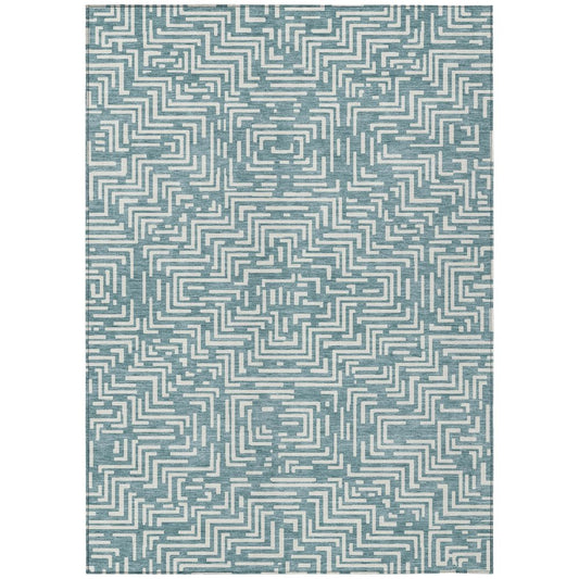 5' X 8' Teal Blue And Ivory Geometric Washable Indoor Outdoor Area Rug