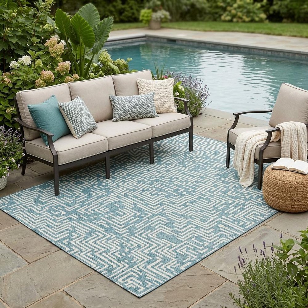 5' X 8' Teal Blue And Ivory Geometric Washable Indoor Outdoor Area Rug — view 7