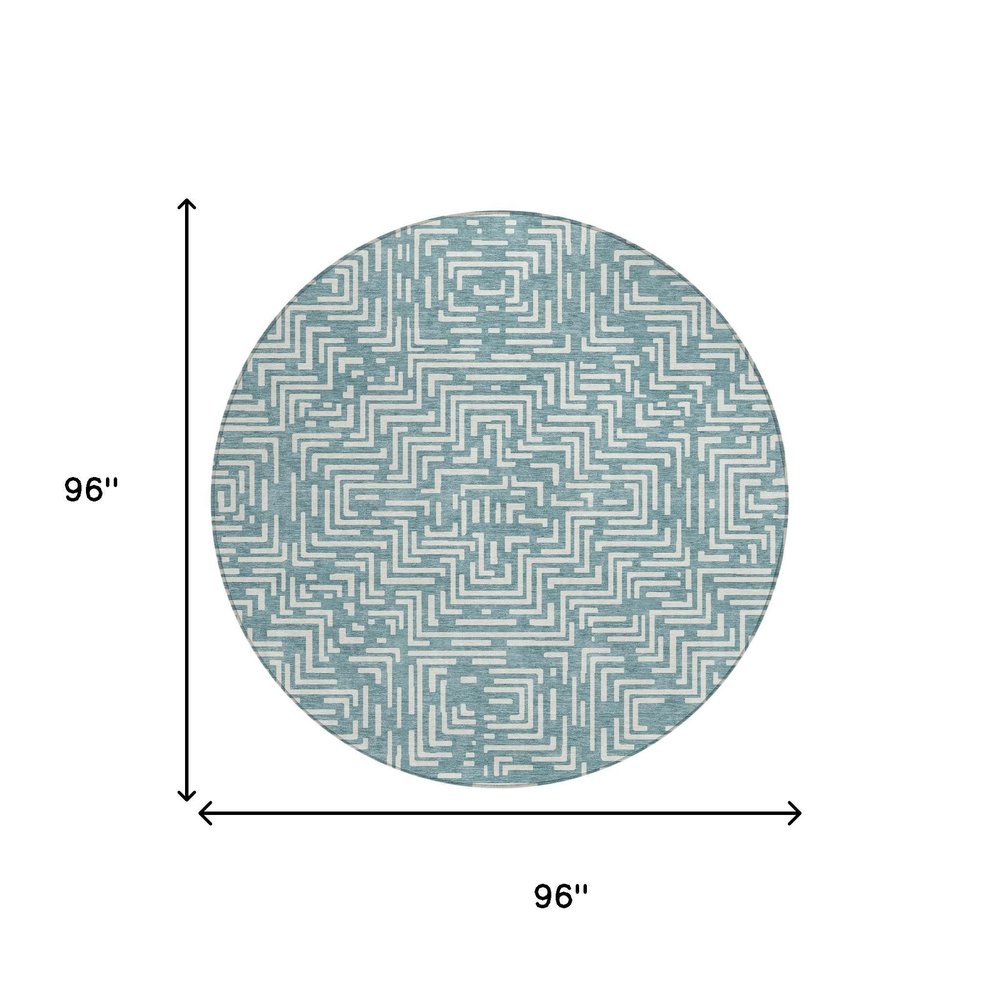 8' Teal Blue And Ivory Round Geometric Washable Indoor Outdoor Area Rug HomeRoots