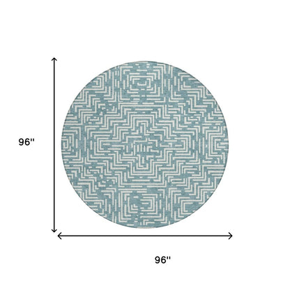 8' Teal Blue And Ivory Round Geometric Washable Indoor Outdoor Area Rug HomeRoots