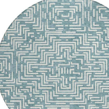 8' Teal Blue And Ivory Round Geometric Washable Indoor Outdoor Area Rug HomeRoots