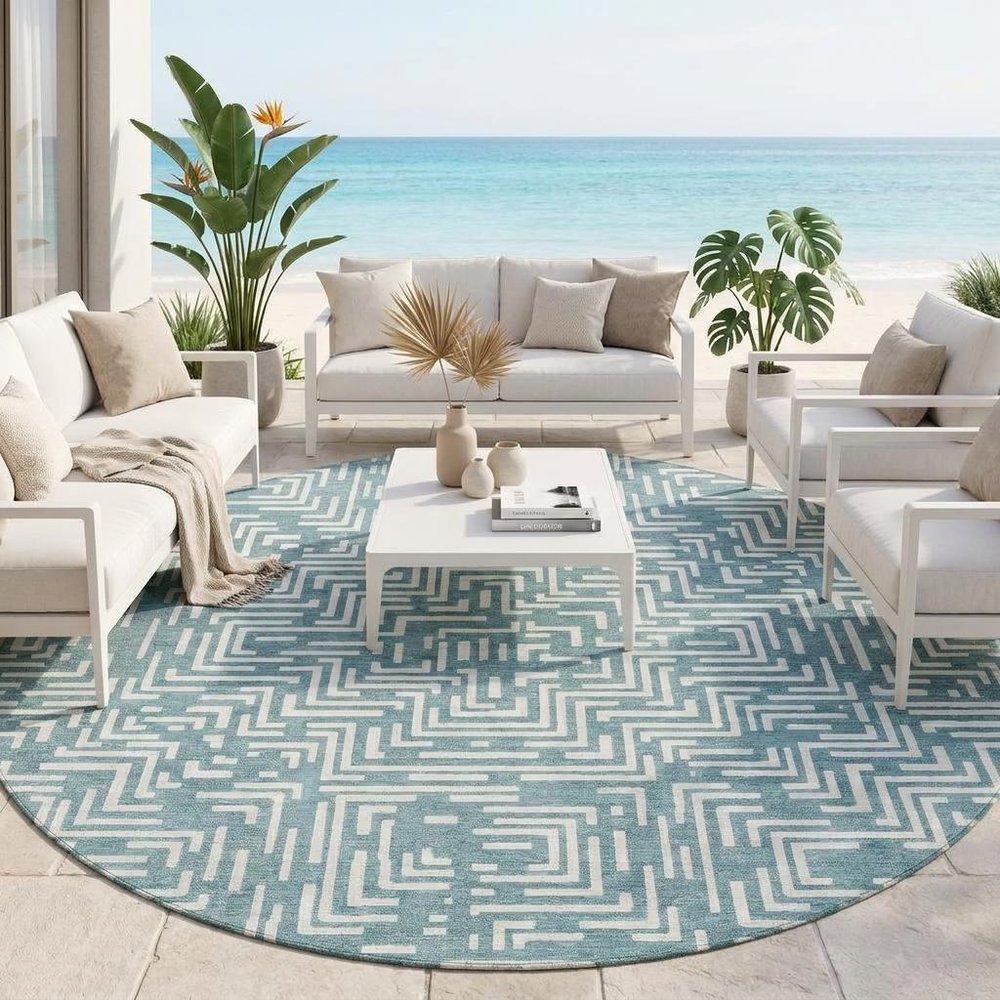 8' Teal Blue And Ivory Round Geometric Washable Indoor Outdoor Area Rug — view 8