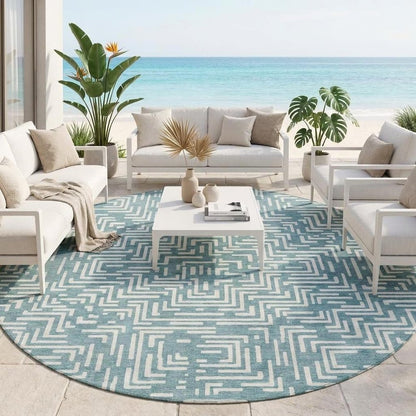 8' Teal Blue And Ivory Round Geometric Washable Indoor Outdoor Area Rug HomeRoots