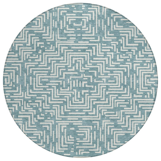 8' Teal Blue And Ivory Round Geometric Washable Indoor Outdoor Area Rug