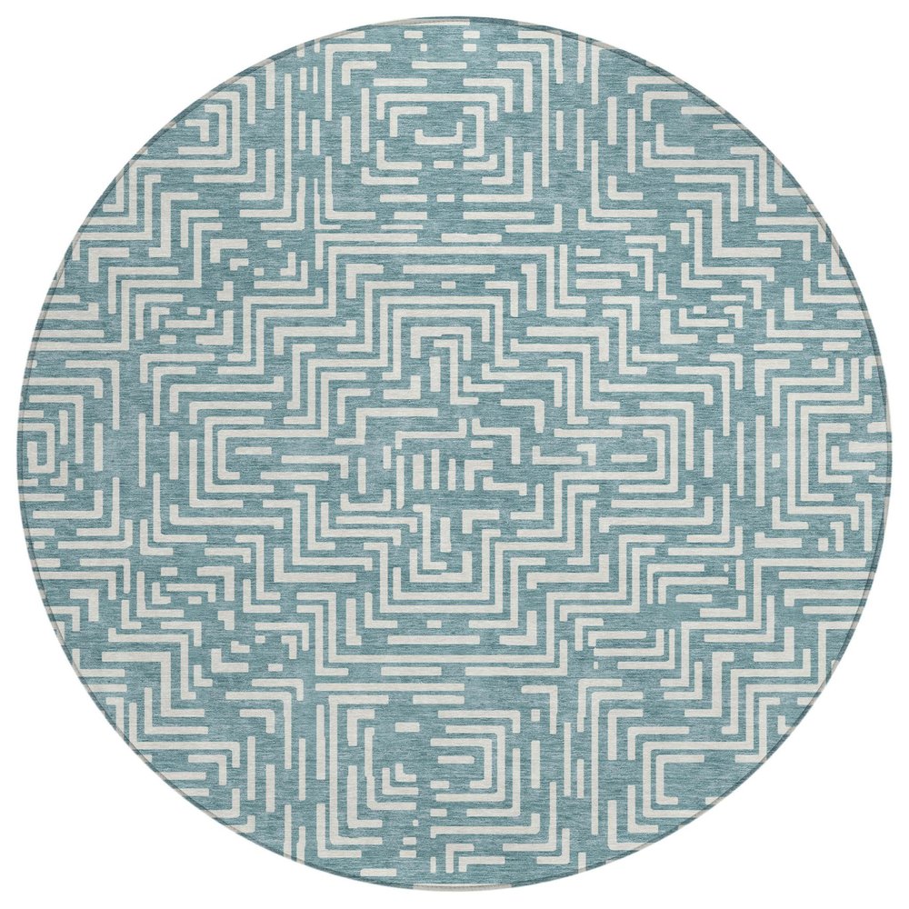 8' Teal Blue And Ivory Round Geometric Washable Indoor Outdoor Area Rug — view 1