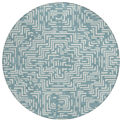 8' Teal Blue And Ivory Round Geometric Washable Indoor Outdoor Area Rug HomeRoots