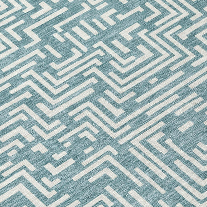 8' Teal Blue And Ivory Round Geometric Washable Indoor Outdoor Area Rug HomeRoots