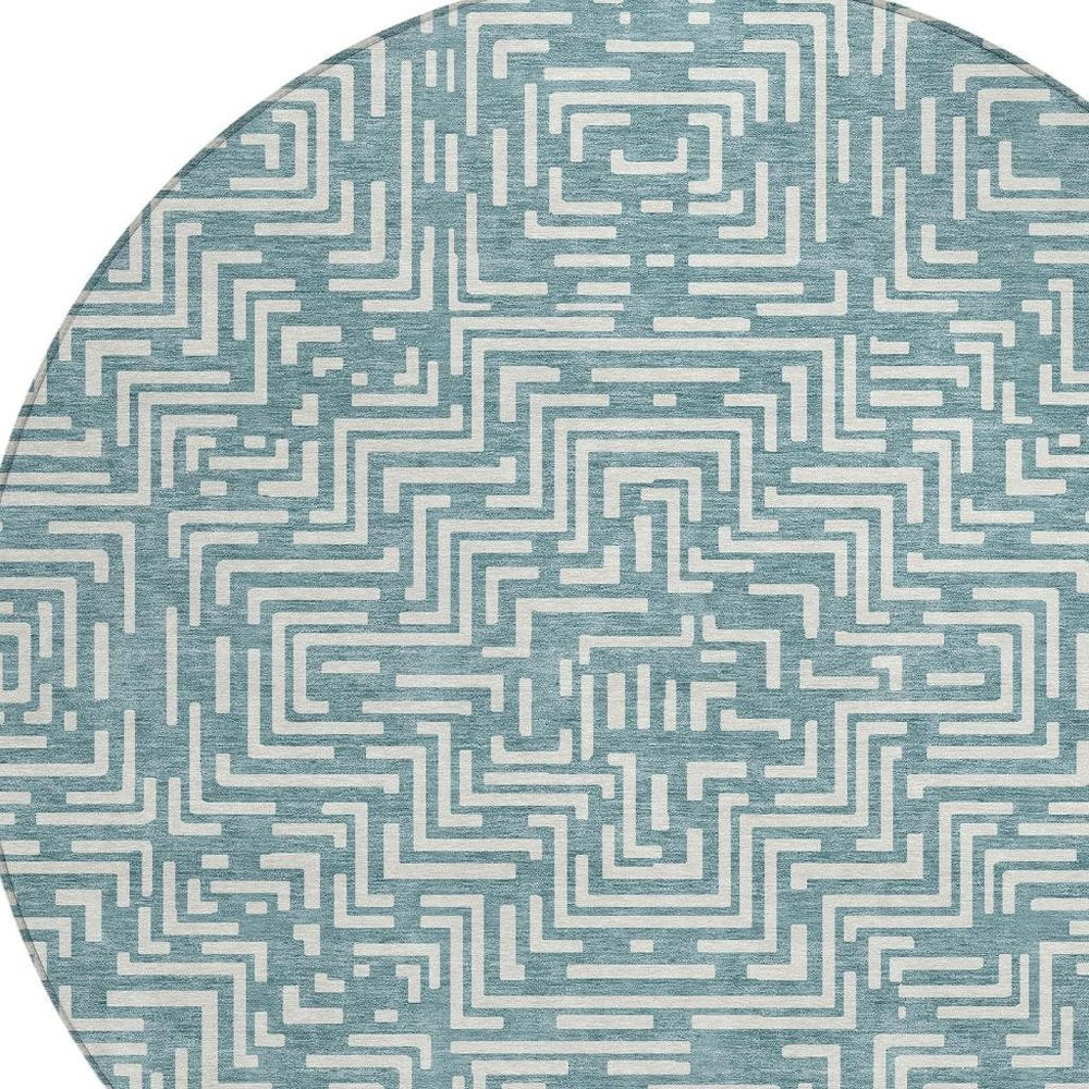 8' Teal Blue And Ivory Round Geometric Washable Indoor Outdoor Area Rug HomeRoots