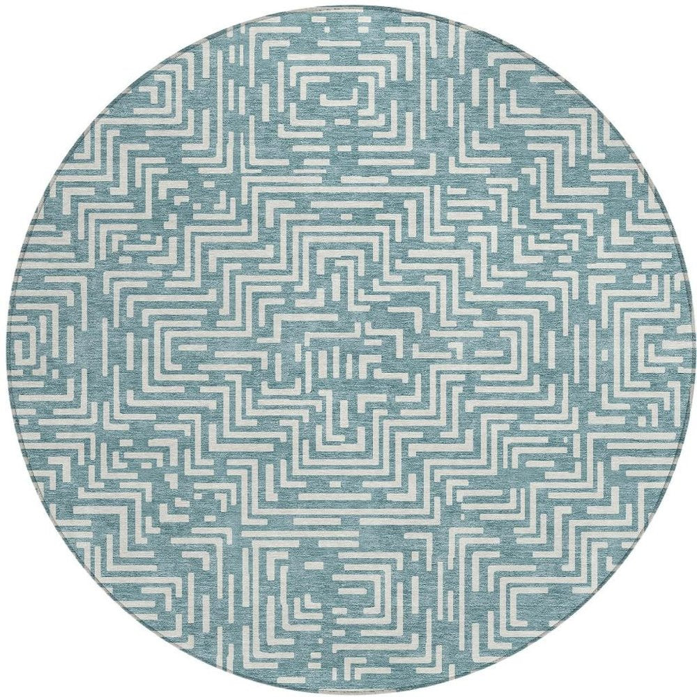 8' Teal Blue And Ivory Round Geometric Washable Indoor Outdoor Area Rug HomeRoots