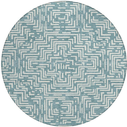 8' Teal Blue And Ivory Round Geometric Washable Indoor Outdoor Area Rug HomeRoots