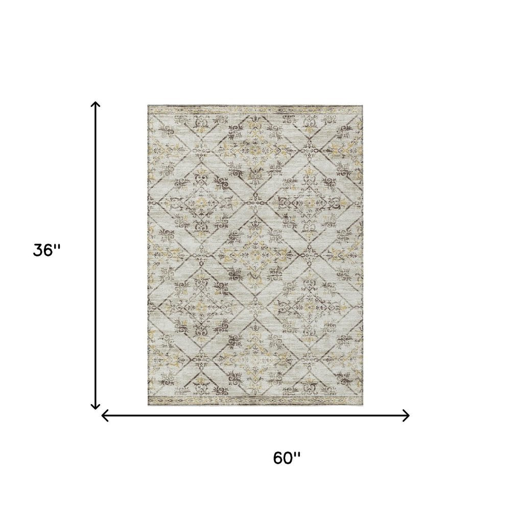 3' X 5' Beige And Sky Blue Geometric Washable Indoor Outdoor Area Rug