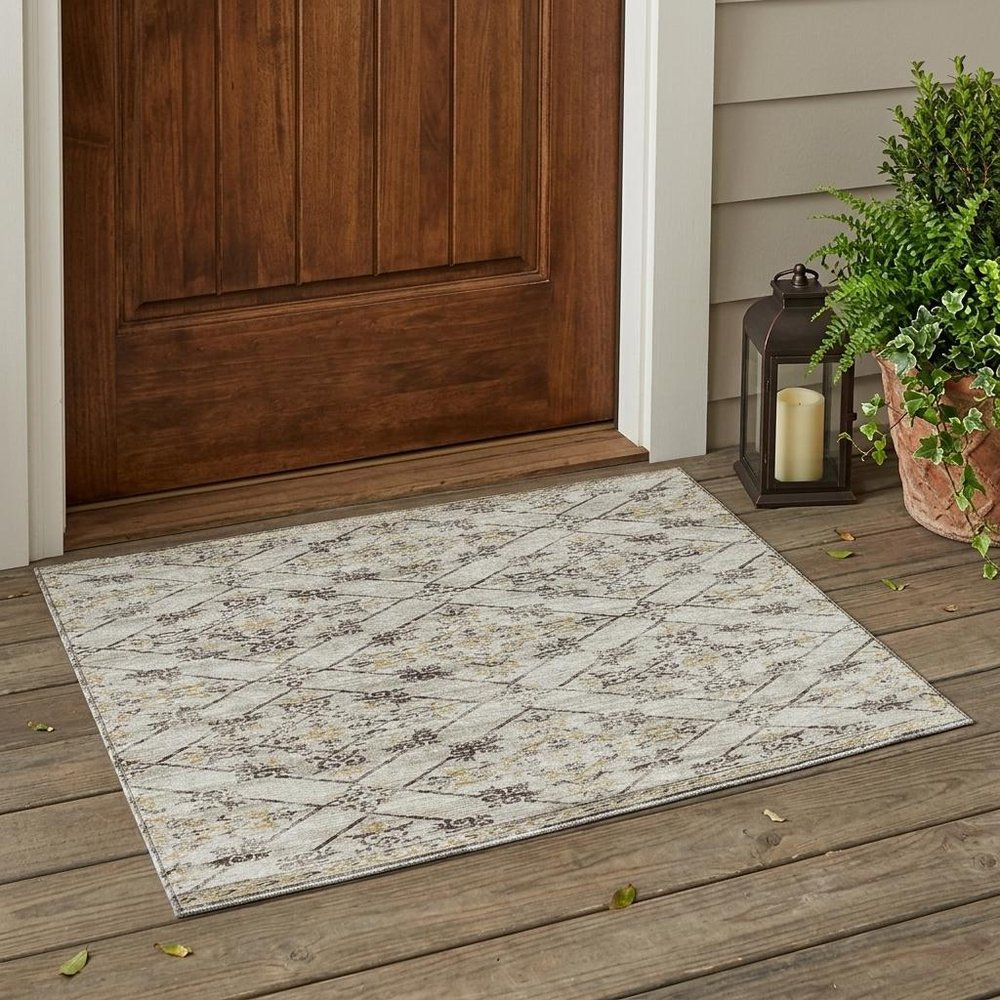 3' X 5' Beige And Sky Blue Geometric Washable Indoor Outdoor Area Rug — view 7