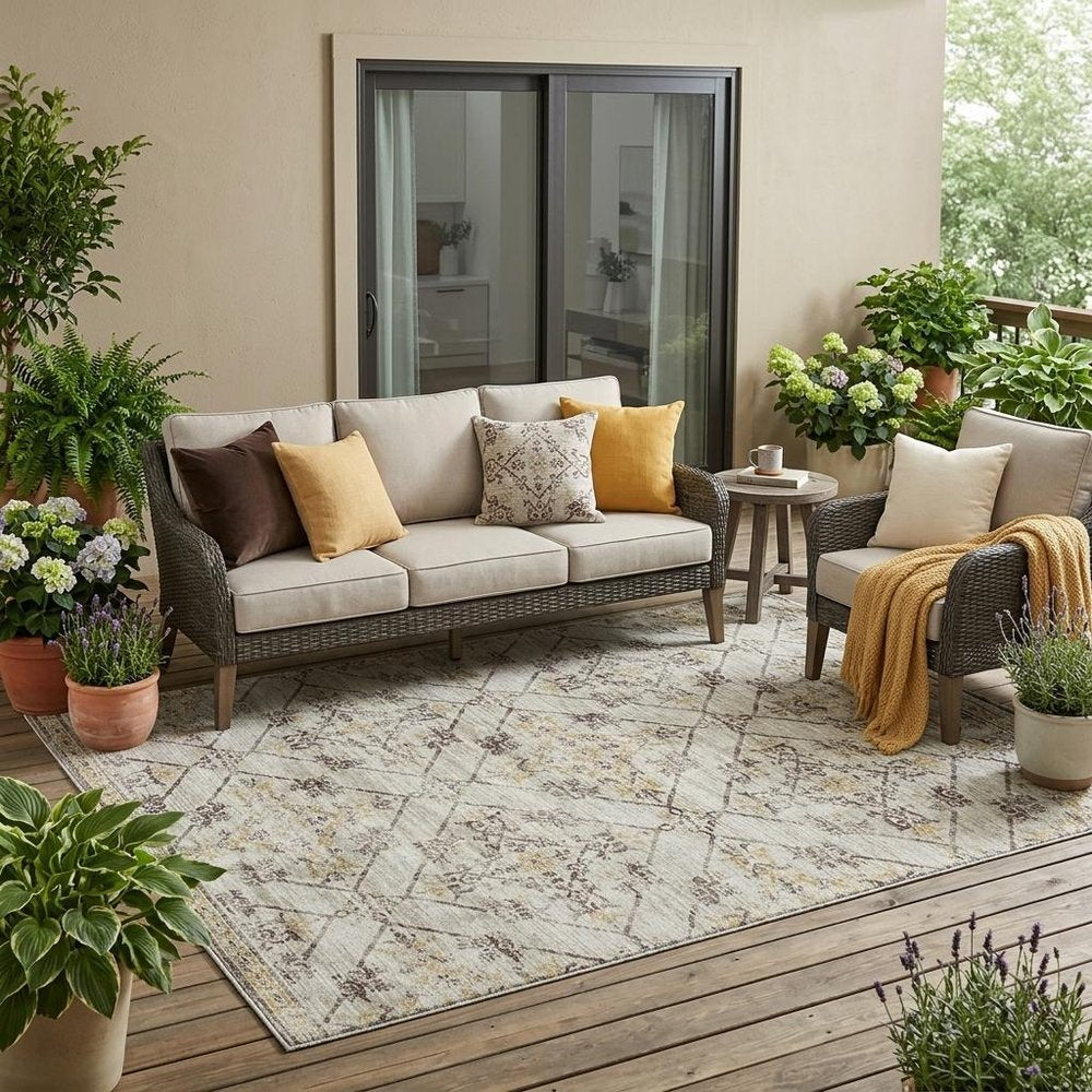 5' X 8' Beige And Sky Blue Geometric Washable Indoor Outdoor Area Rug — view 7